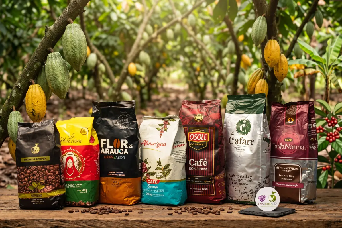 Selección de paquetes de café en grano y molido de orígenes selectos, dispuestos junto a granos tostados y una taza humeante sobre una barra de madera rústica c