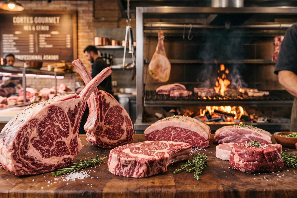 Selección de cortes premium de carne cruda con marmoleo visible —como Tomahawk, Ribeye y New York Strip— dispuestos sobre una tabla de madera oscura junto a ram