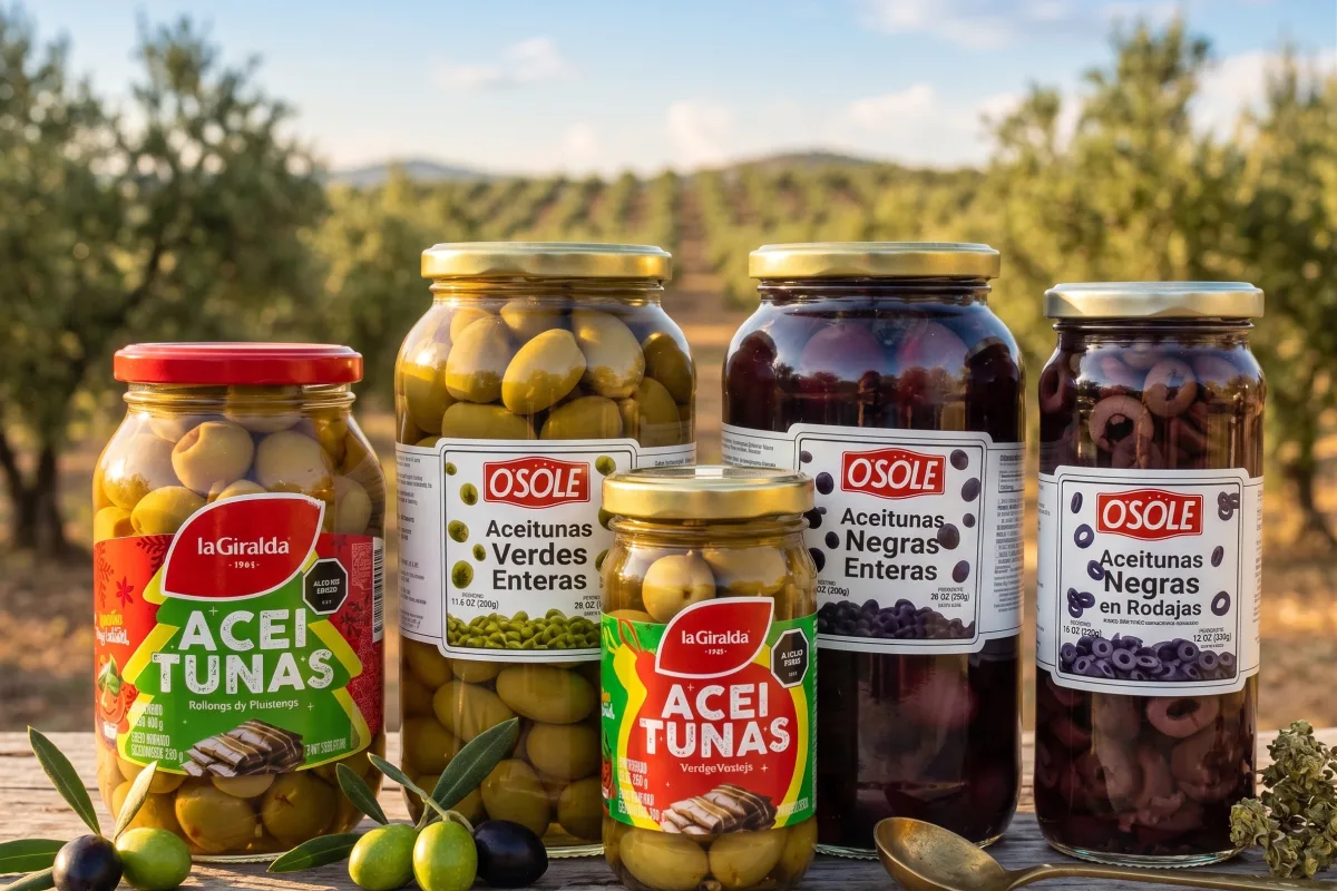 Cinco frascos de aceitunas verdes y negras enteras y en rodajas de las marcas O'Sole y La Giralda, dispuestos sobre una mesa de madera rústica con un campo de o